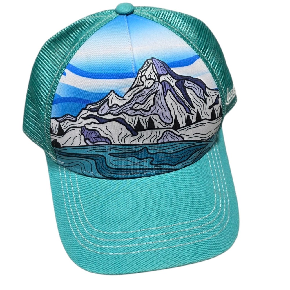 Aksels Turquoise Trucker Hat Mountain Graphic Adjustable Mesh Back Cap